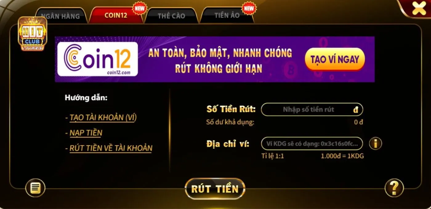 Người chơi thực hiện việc rút tiền qua Coin12